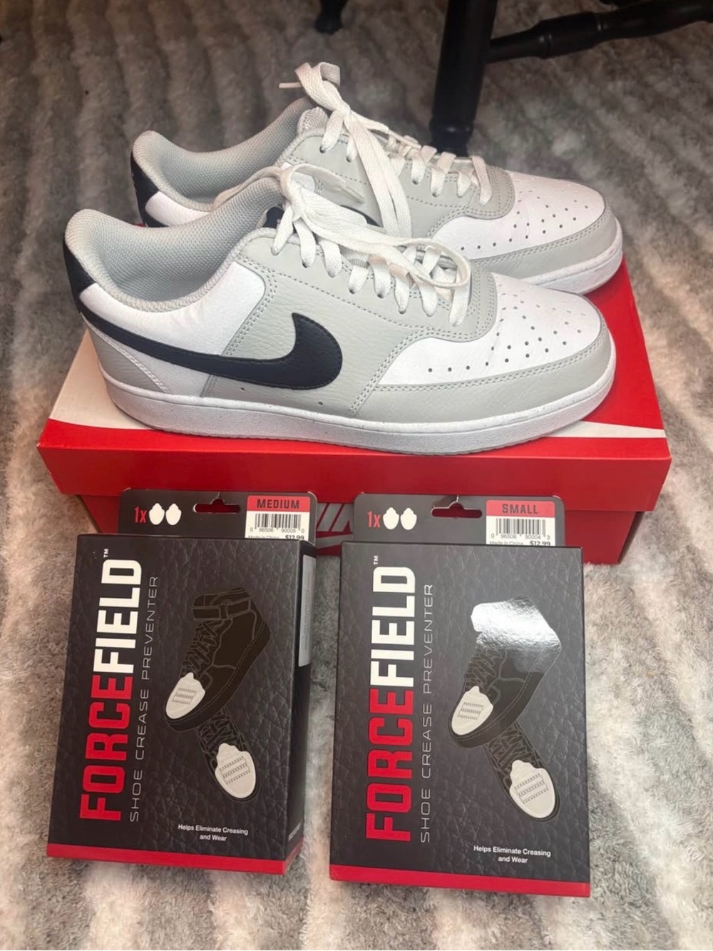 Nike Court Vision Low Grey/Black + Crease Protectors Bundle Men’s Size 8